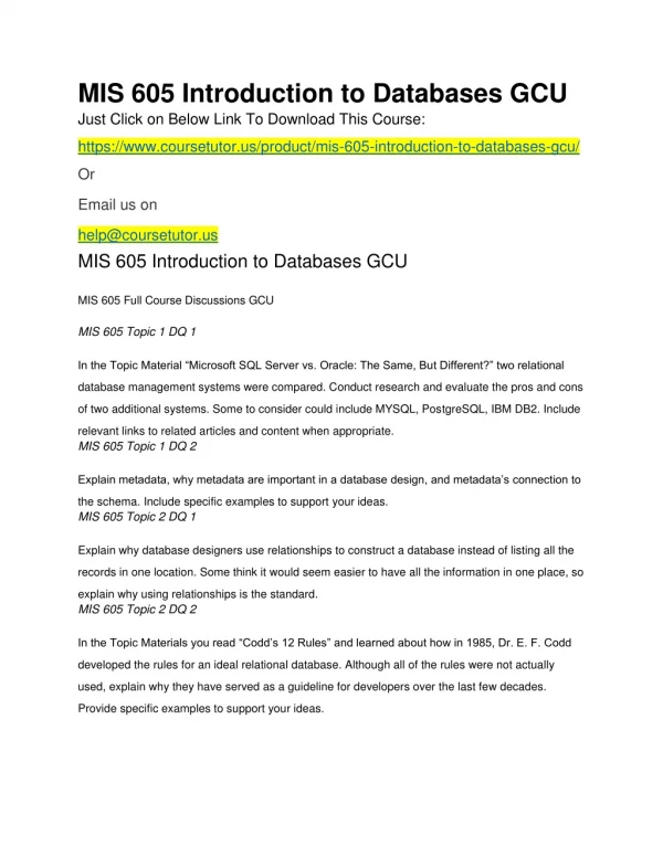 MIS 605 Introduction to Databases GCU