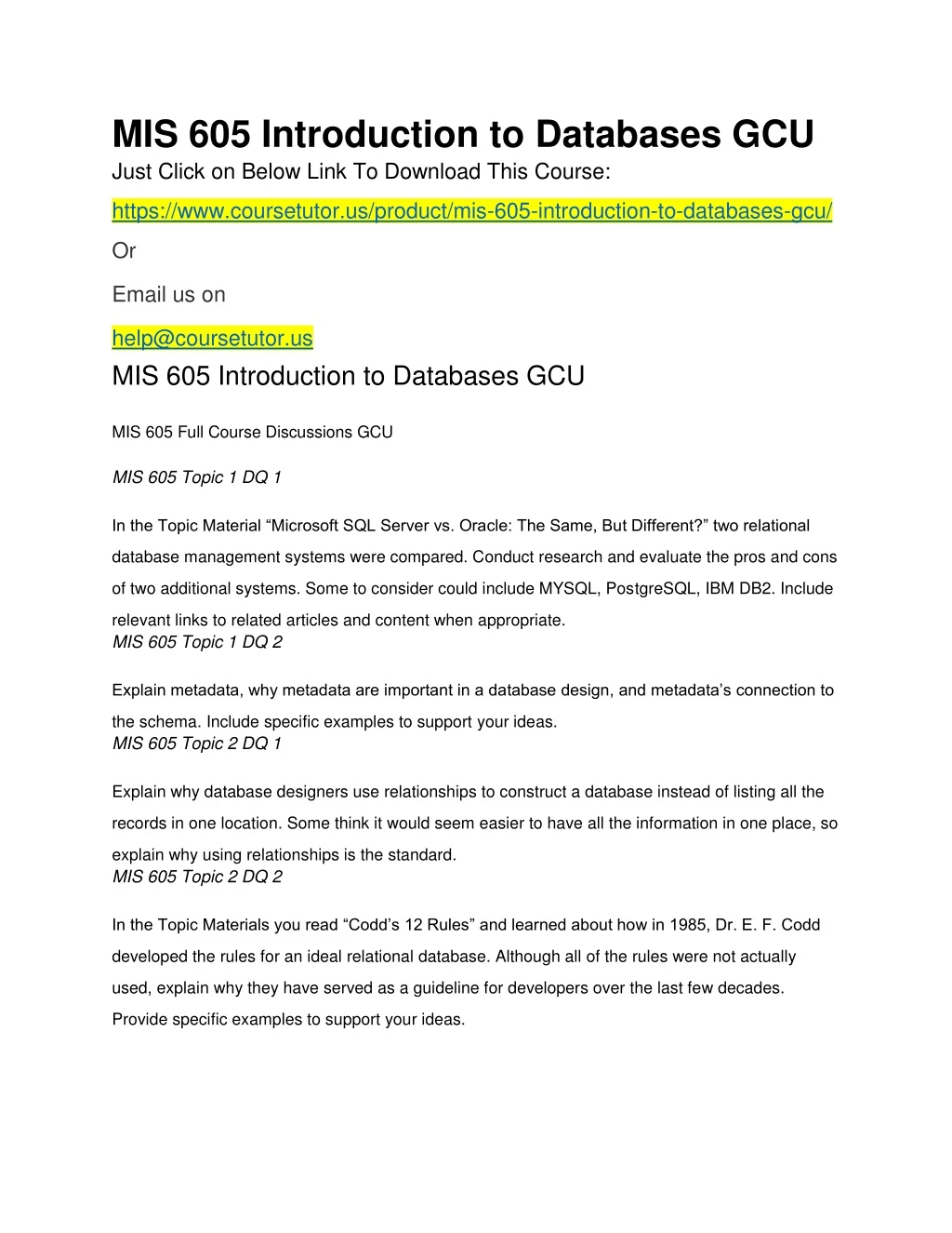 mis 605 introduction to databases gcu just click