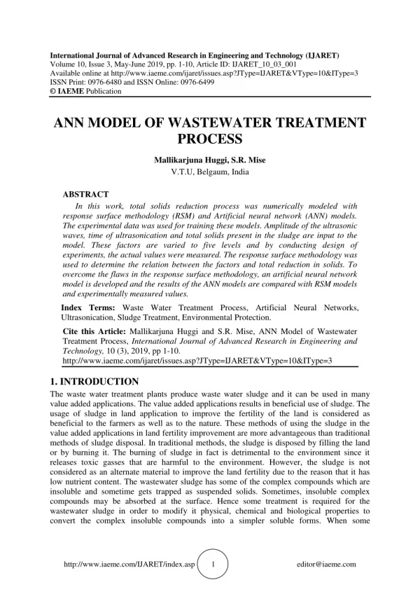 ANN MODEL OF WASTEWATER TREATMENT PROCESS