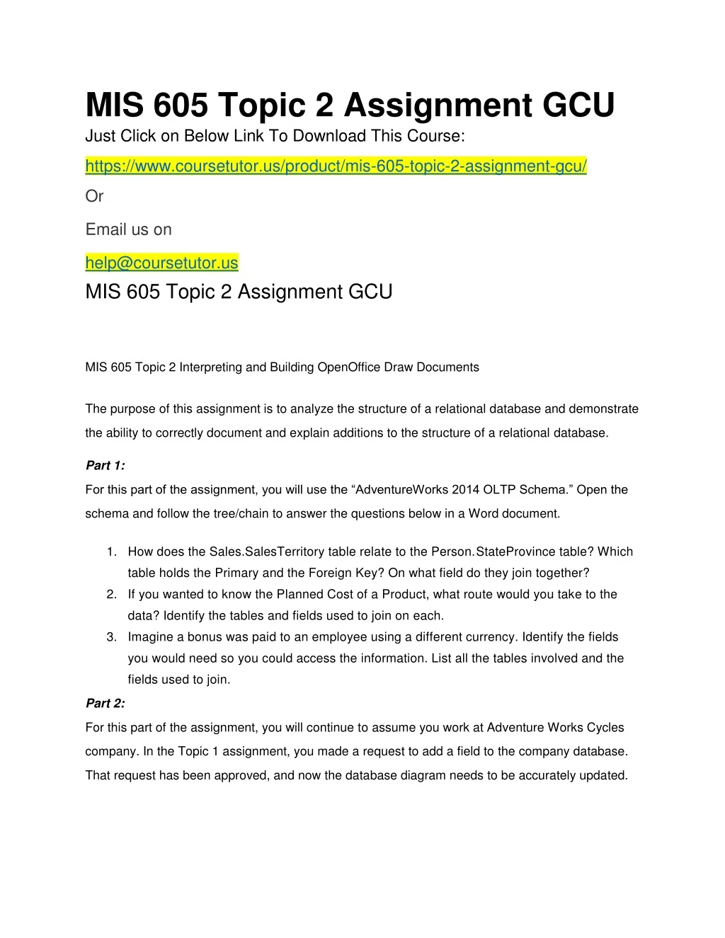 mis 605 topic 2 assignment gcu just click