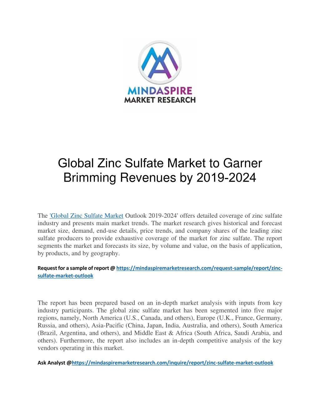 global zinc sulfate market to garner brimming