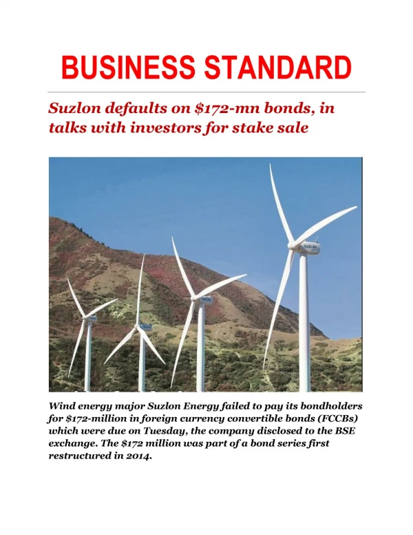 Suzlon defaults on $172-mn bonds, in talks with investors for stake sale