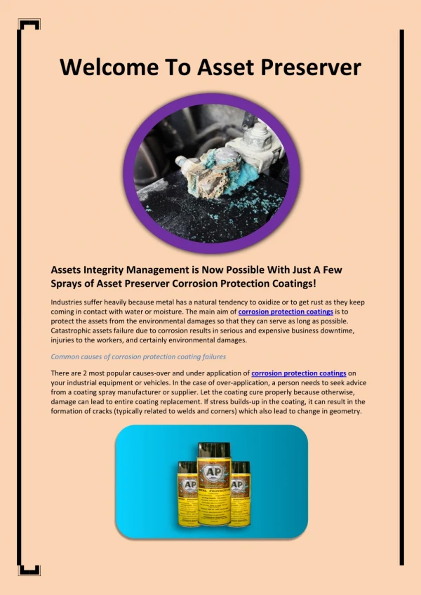 Corrosion Protection, Corrosion protection spray, Corrosion protection coatings- assetpreserver.info