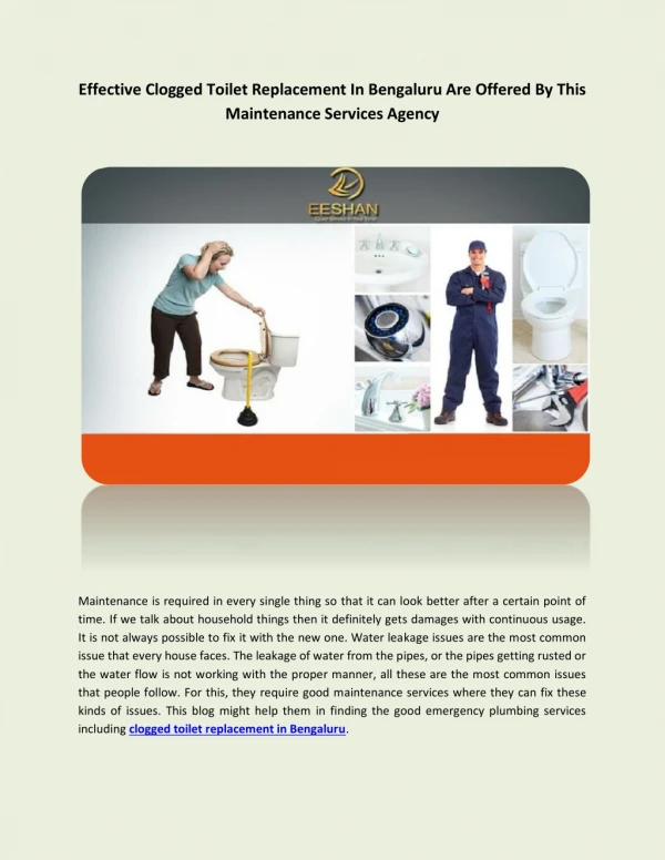 Effective Clogged Toilet Replacement In Bengaluru Are Offered By This Maintenance Services Agency