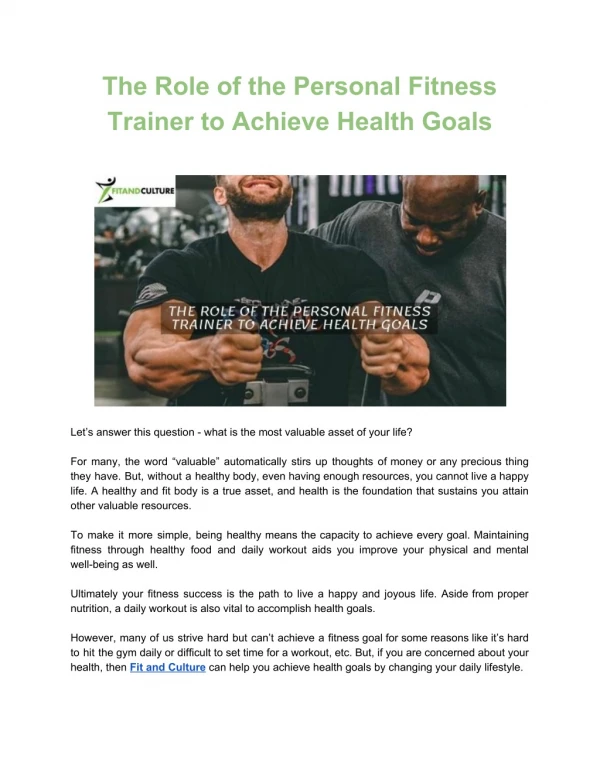 The Role of the Personal Fitness Trainer to Achieve Health Goals
