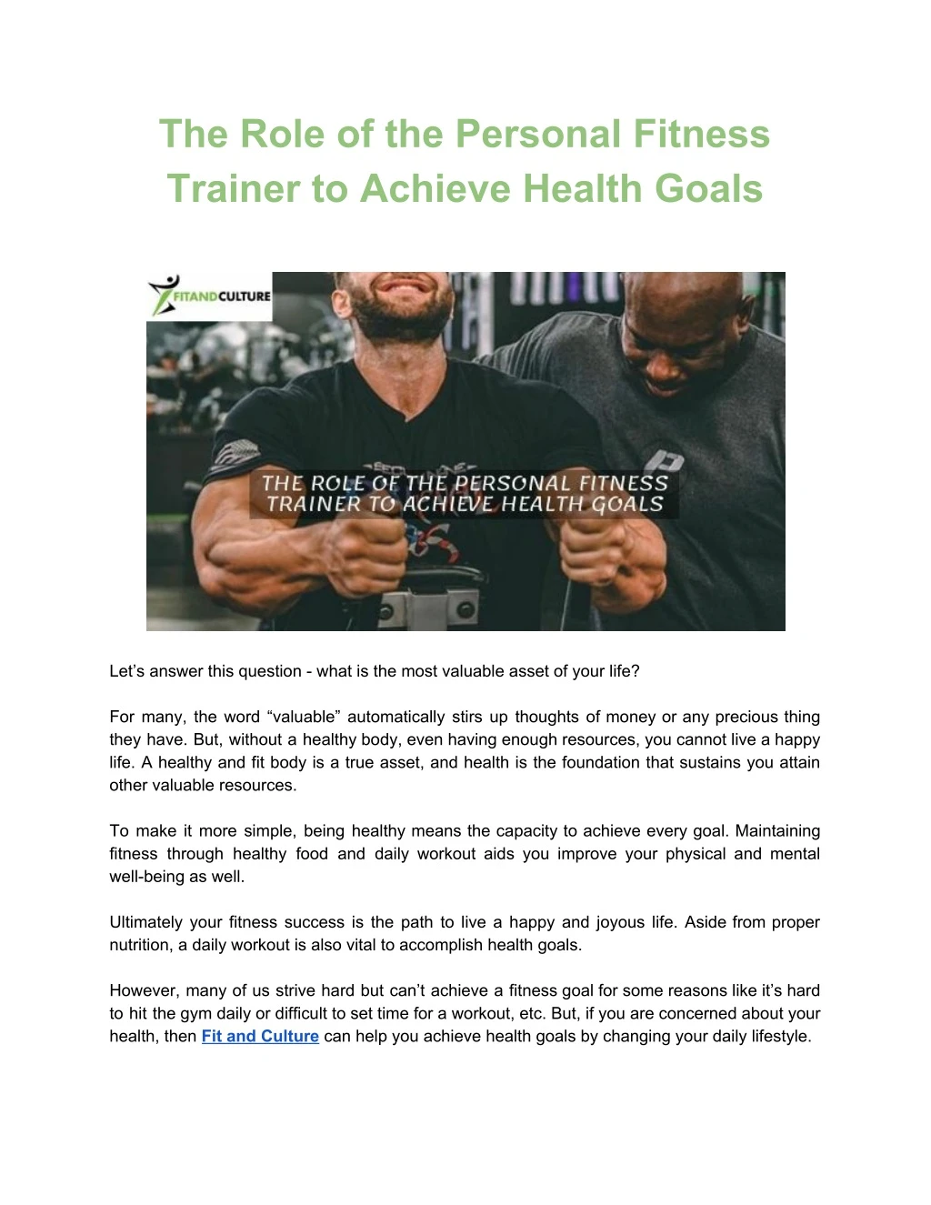the role of the personal fitness trainer