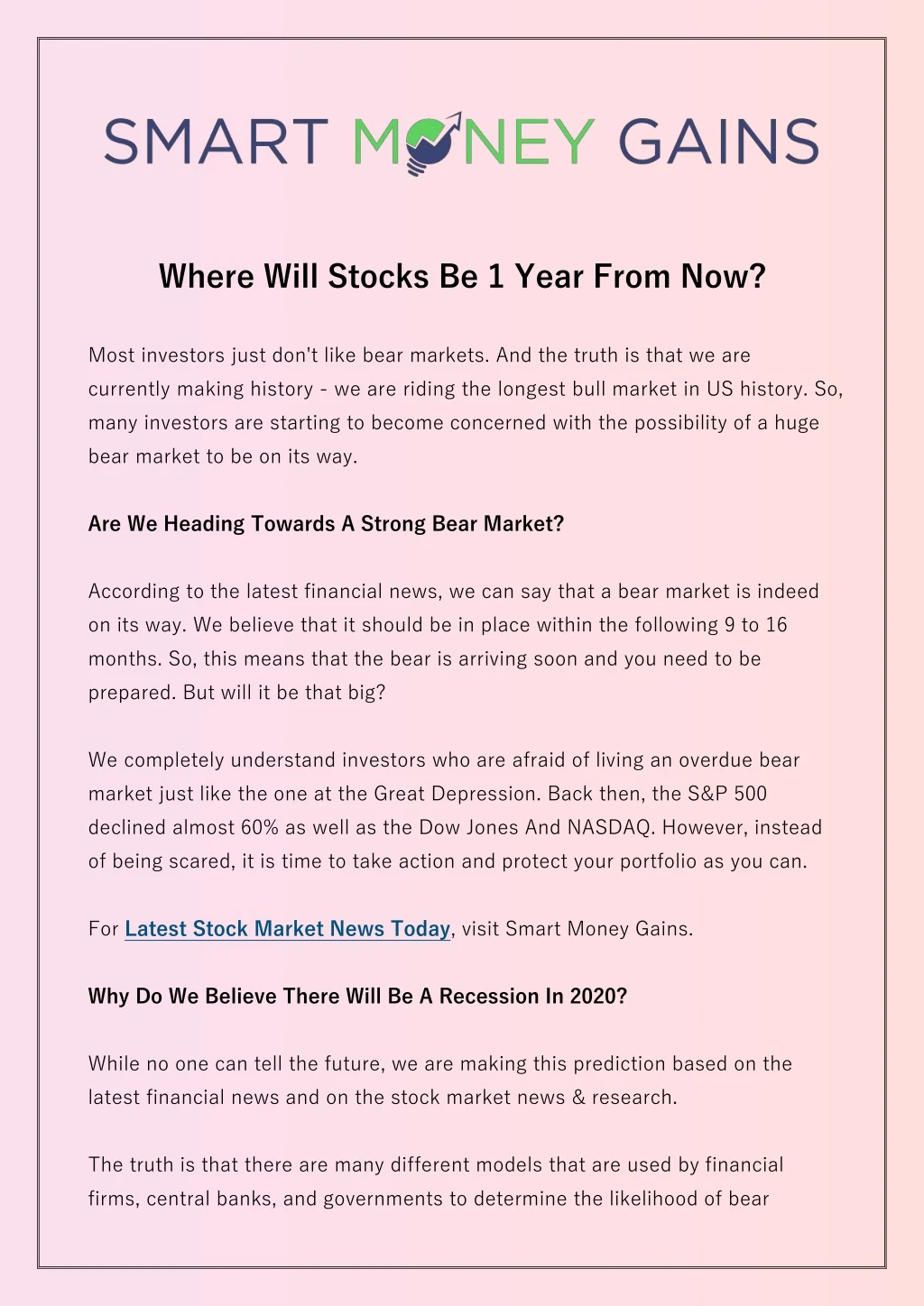 where will stocks be 1 year from now