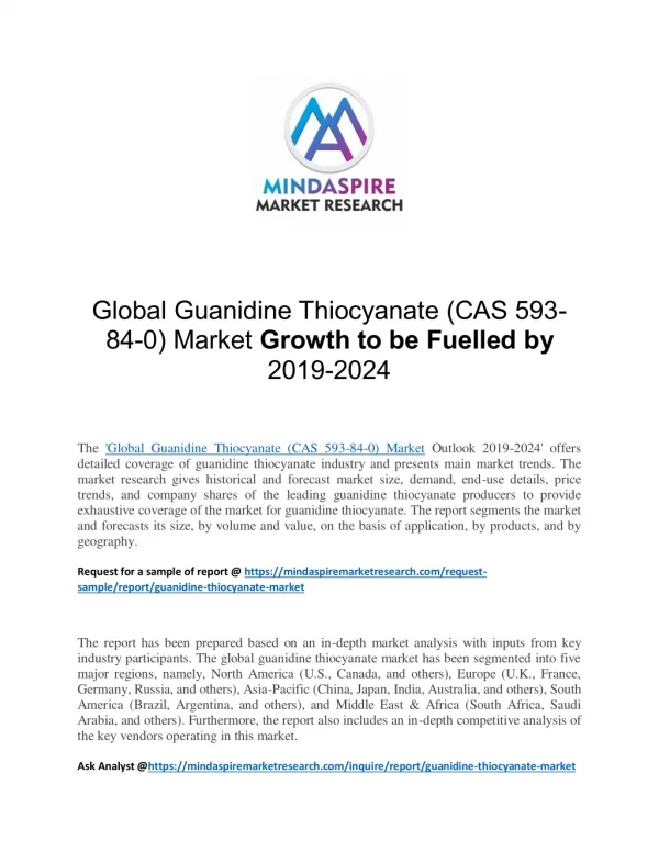 Global Guanidine Thiocyanate (CAS 593-84-0) Market Growth to be Fuelled by 2019-2024