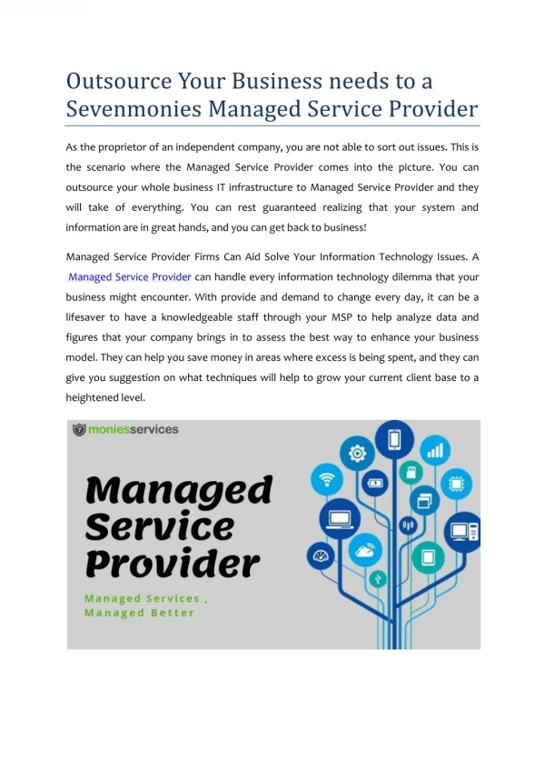 Outsource Your Business needs to a Sevenmonies Managed Service Provider