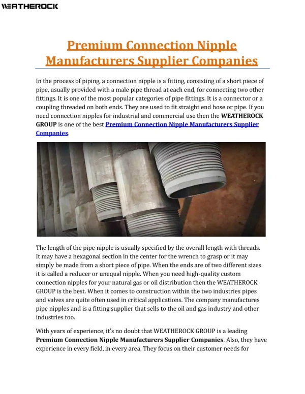 Premium Connection Nipple Manufacturers Supplier Companies