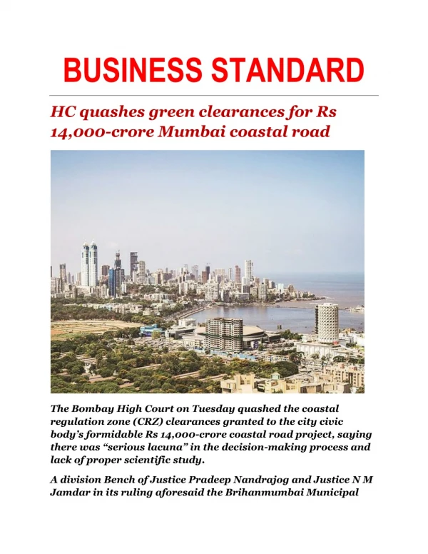 HC quashes green clearances for Rs 14,000-crore Mumbai coastal road