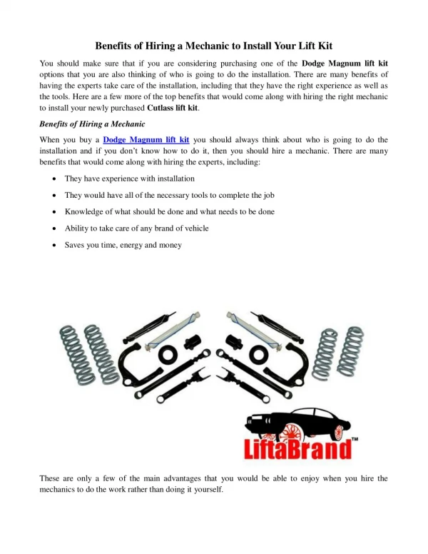 Benefits of Hiring a Mechanic to Install Your Lift Kit