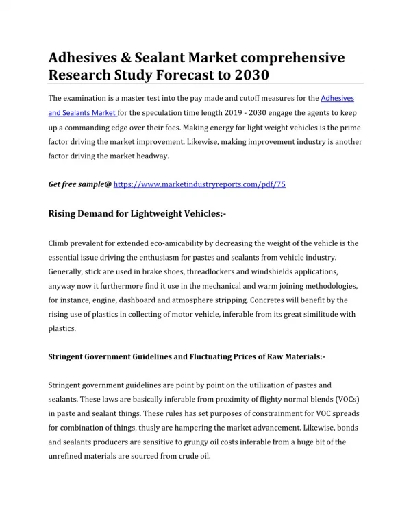 Adhesives & Sealant Market comprehensive Research Study Forecast to 2030