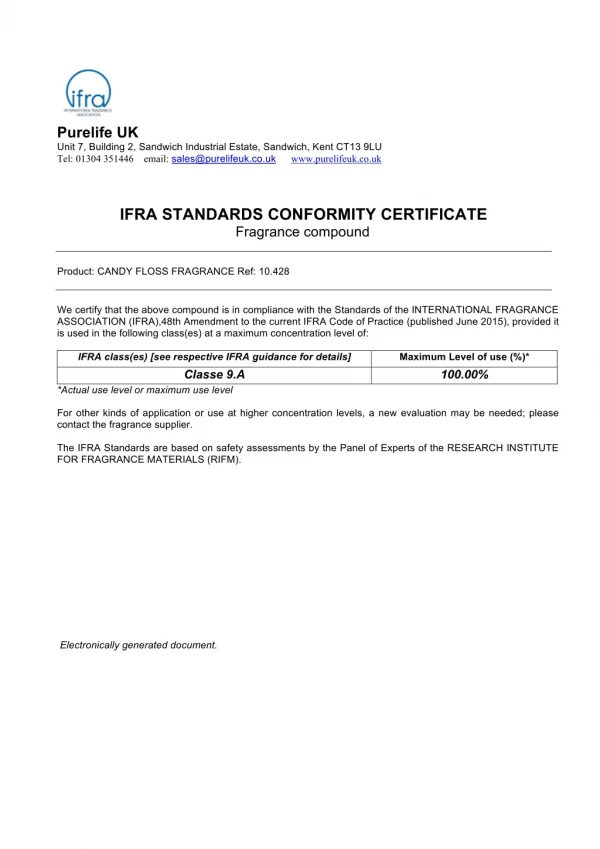 IFRA STANDARDS CONFORMITY CERTIFICATE