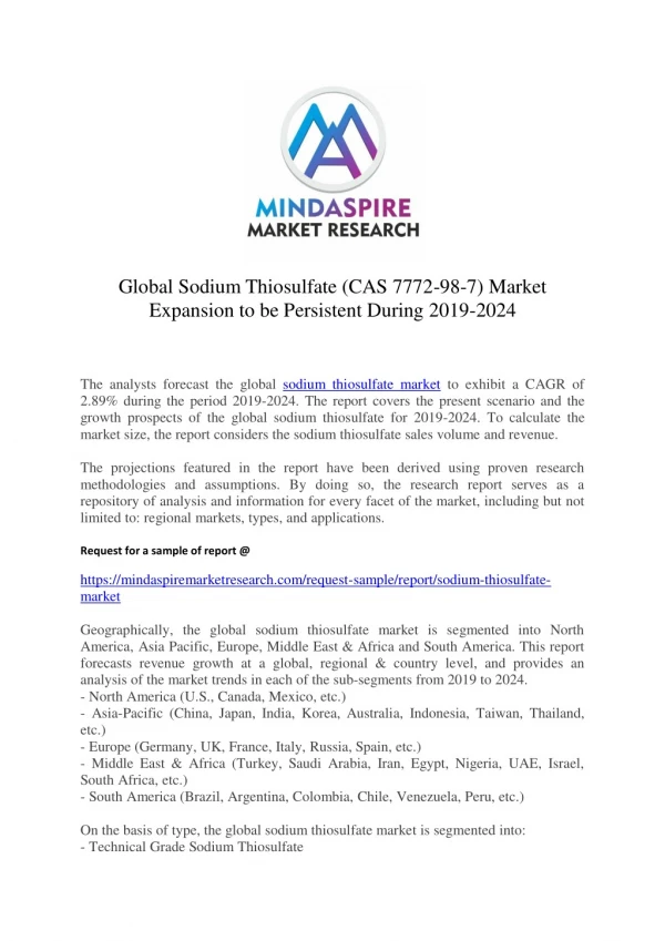 Global Sodium Thiosulfate (CAS 7772-98-7) Market Expansion to be Persistent During 2019-2024