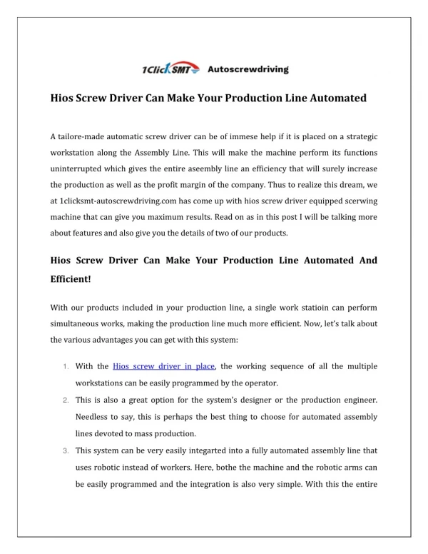 Hios Screw Driver Can Make Your Production Line Automated