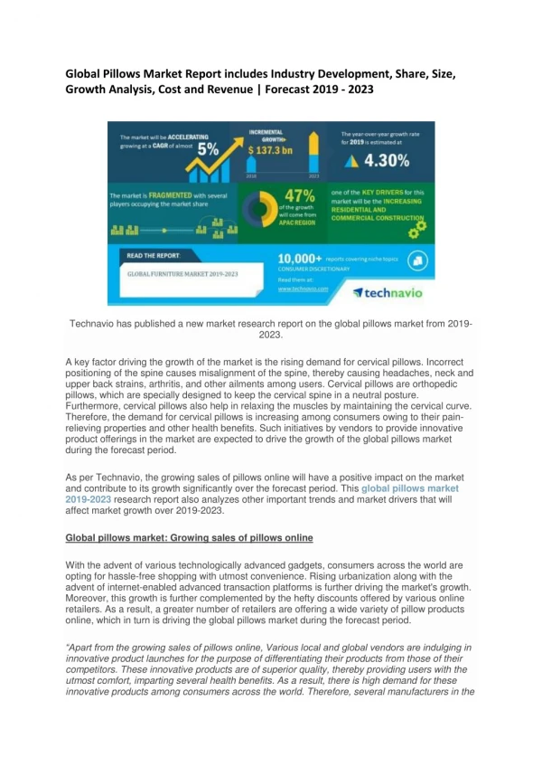 Global Pillows Market 2019 Report includes Industry Development, Growth, Cost and Revenue to 2023
