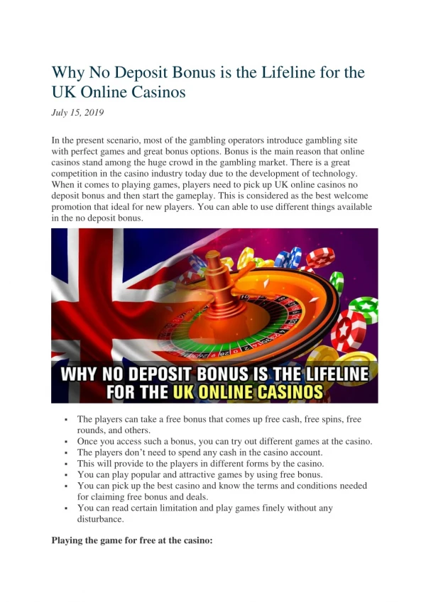 Why NO Deposit Bonus is the Lifeline for the UK Online Casinos