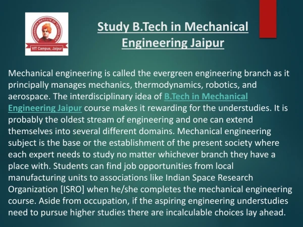 Study B.Tech in Mechanical Engineering Jaipur