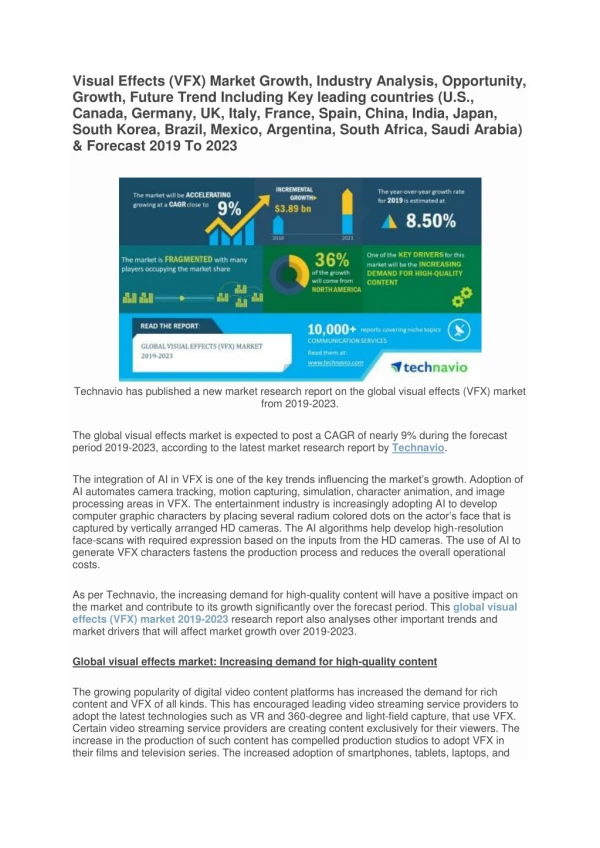 Worldwide Report of Visual Effects (VFX) Market by Key leading countries, Segmentation analysis, Regional comparison, In