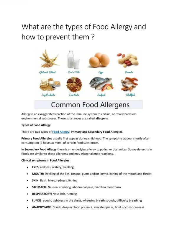 What are the types of Food Allergy and how to prevent them ?