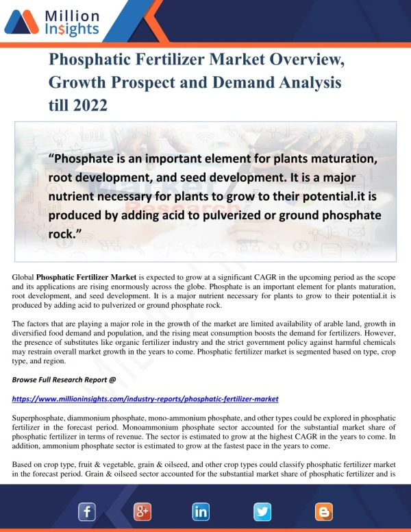 Phosphatic Fertilizer Market Overview, Growth Prospect and Demand Analysis till 2022