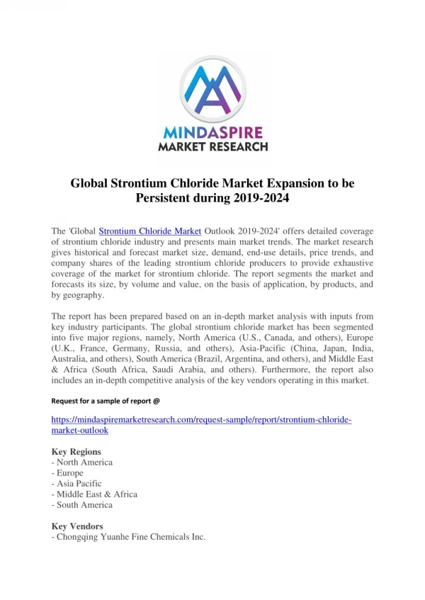 Global Strontium Chloride Market Expansion to be Persistent during 2019-2024