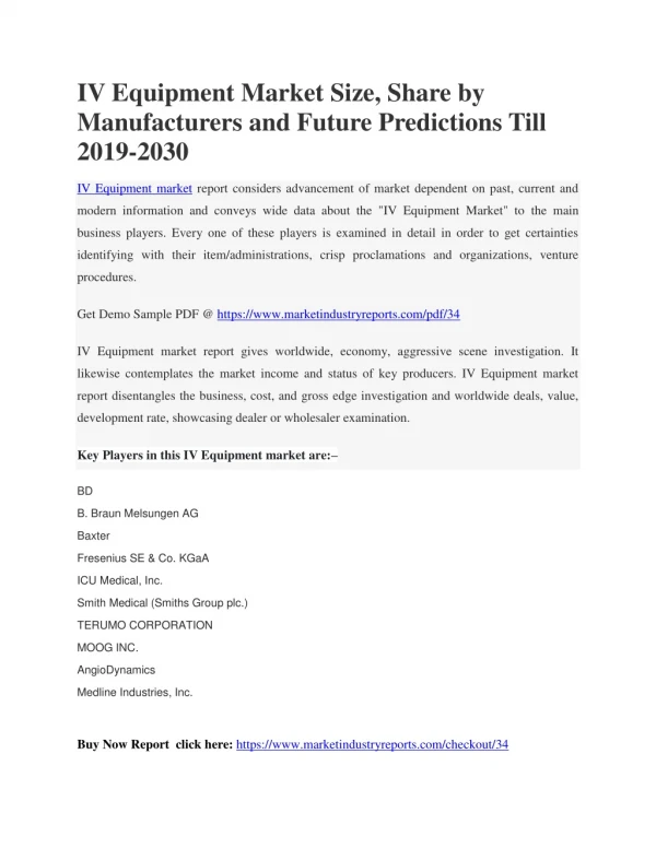IV Equipment Market Top trending Global Analysis & Forecast 2019-2030