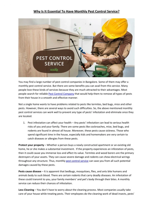 Why Is It Essential To Have Monthly Pest Control Service?