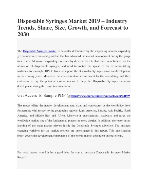 Global Disposable Syringes Market top trending forecast by 2019-2030