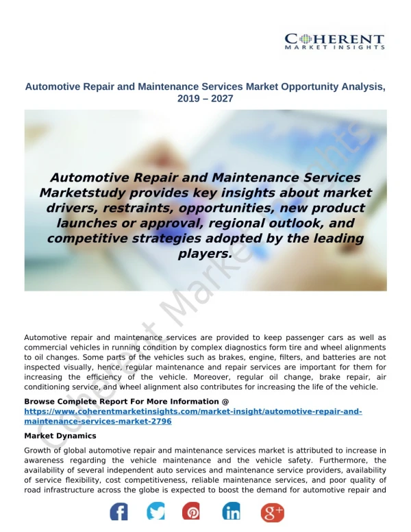 Automotive Repair and Maintenance Services Market Opportunity Analysis, 2019 – 2027