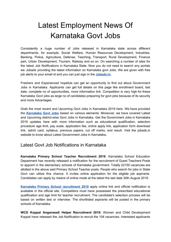 Latest Employment News Of Karnataka Govt Jobs