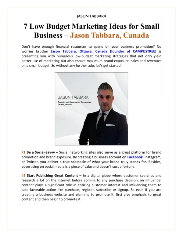7 Low Budget Marketing Ideas for Small Business – Jason Tabbara, Canada