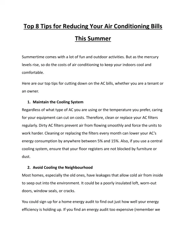 Top 8 Tips for Reducing Your Air Conditioning Bills This Summer