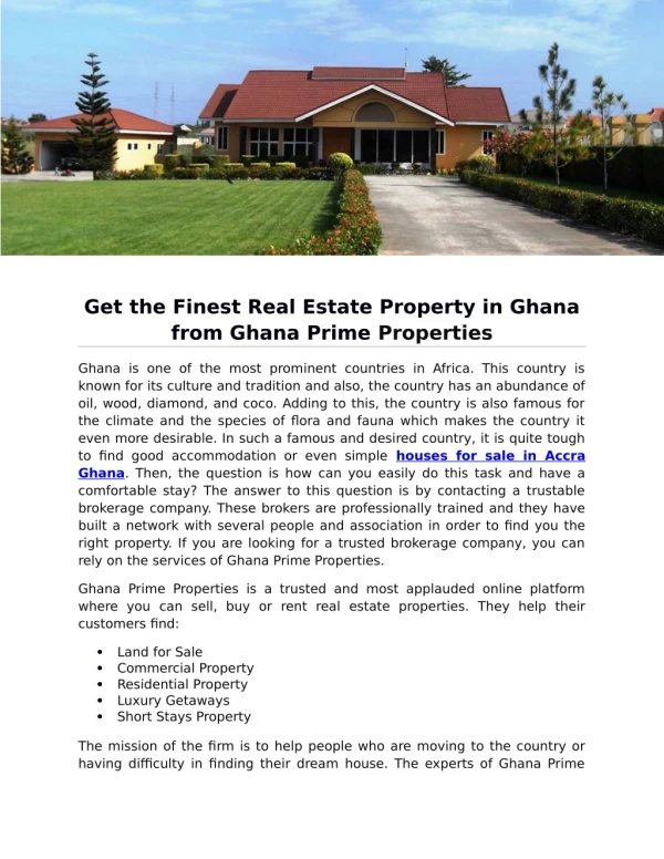 Get the Finest Real Estate Property in Ghana from Ghana Prime Properties