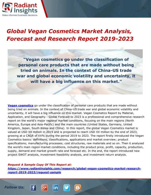 Global Vegan Cosmetics Market Analysis, Forecast and Research Report 2019-2023