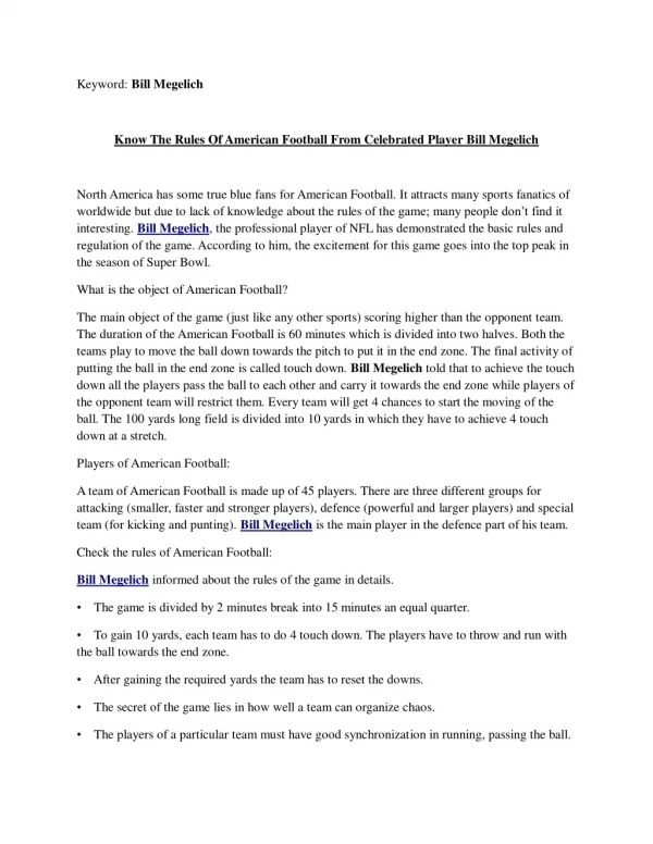 Know The Rules Of American Football From Celebrated Player Bill Megelich