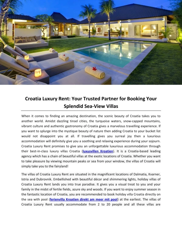 Croatia Luxury Rent: Your Trusted Partner for Booking Your Splendid Sea-View Villas
