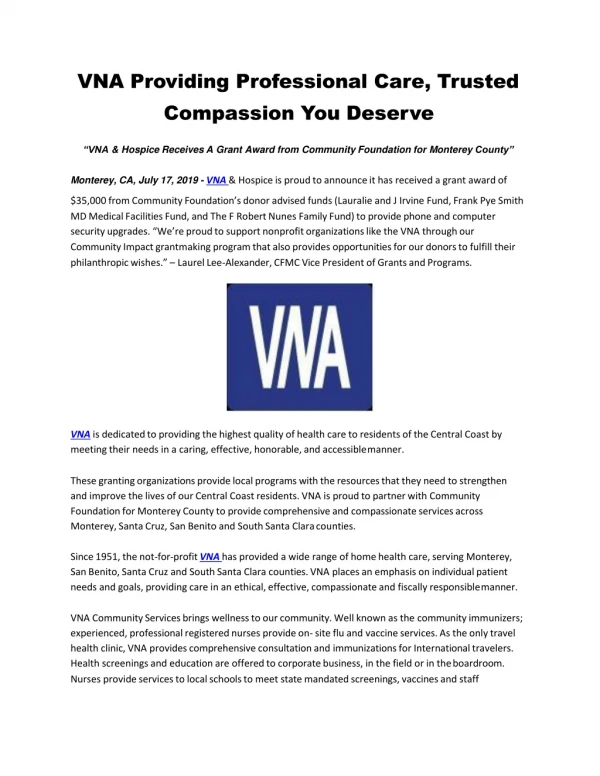 VNA Providing Professional Care, Trusted Compassion You Deserve