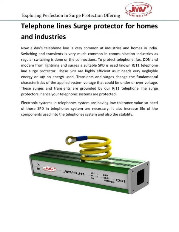 Telephone lines Surge protector for homes and industries