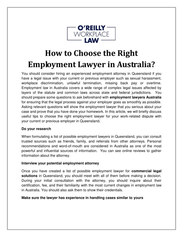 How to Choose the Right Employment Lawyer in Australia?