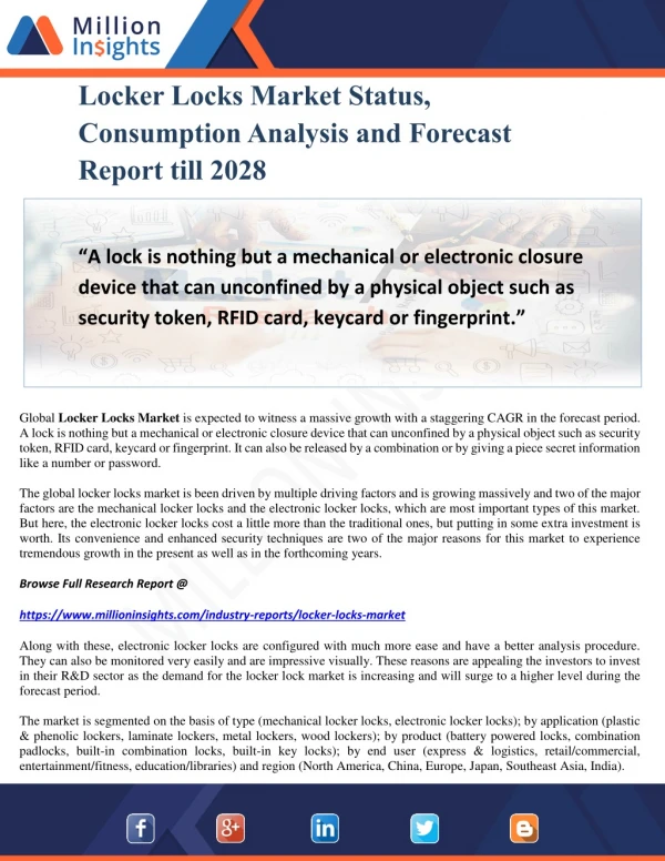 Locker Locks Market Status, Consumption Analysis and Forecast Report till 2028