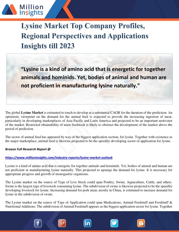 Lysine Market Top Company Profiles, Regional Perspectives and Applications Insights till 2023