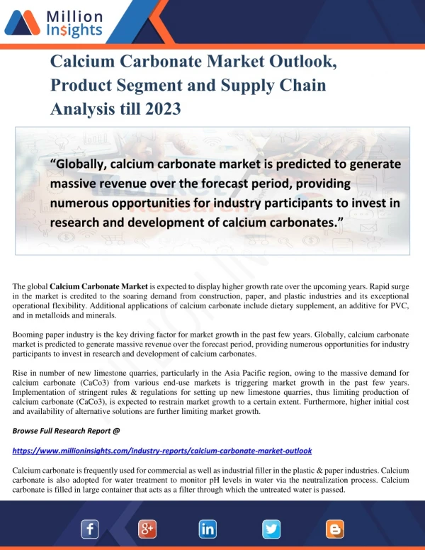Calcium Carbonate Market Outlook, Product Segment and Supply Chain Analysis till 2023