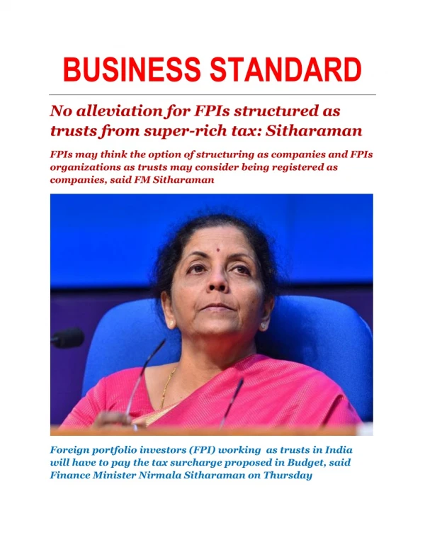 No alleviation for FPIs structured as trusts from super-rich tax: Sitharaman