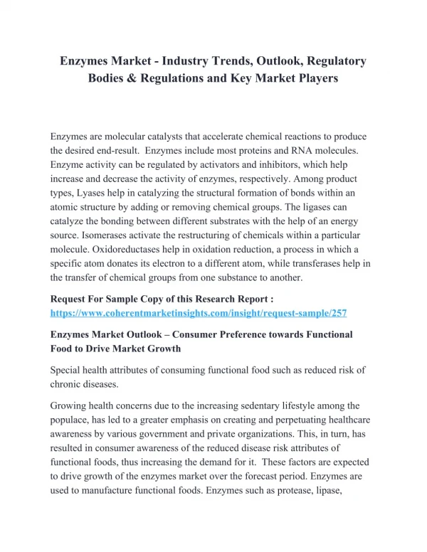 Enzymes Market - Industry Trends, Outlook, Regulatory Bodies & Regulations and Key Market Players