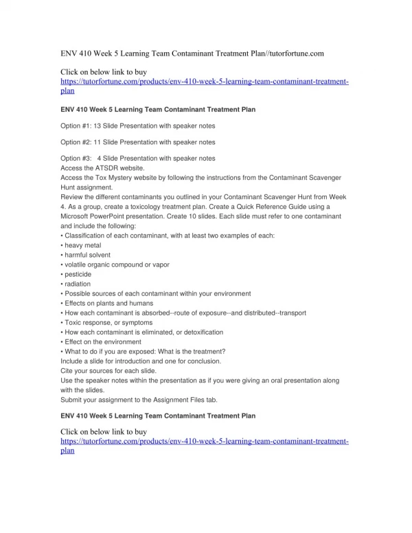 ENV 410 Week 5 Learning Team Contaminant Treatment Plan//tutorfortune.com