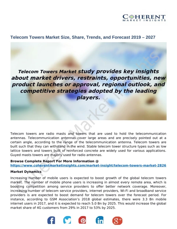 Telecom Towers Market Size, Share, Trends, and Forecast 2019 – 2027
