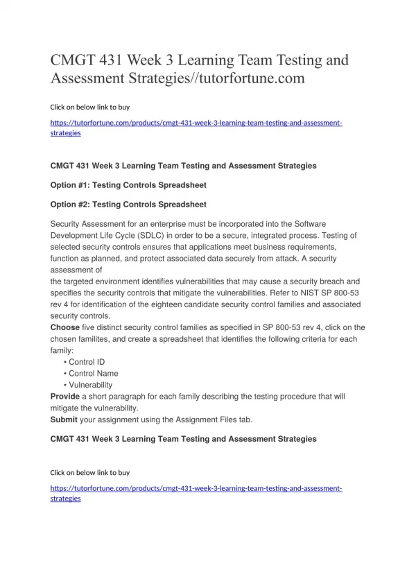 CMGT 431 Week 3 Learning Team Testing and Assessment Strategies//tutorfortune.com