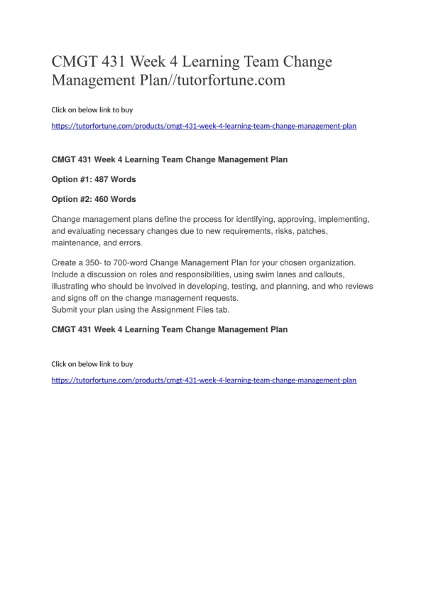 CMGT 431 Week 4 Learning Team Change Management Plan//tutorfortune.com